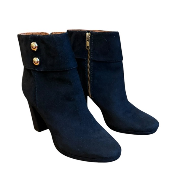 Kate Spade black suede heeled boots gold buttons size 9 - Picture 1 of 9